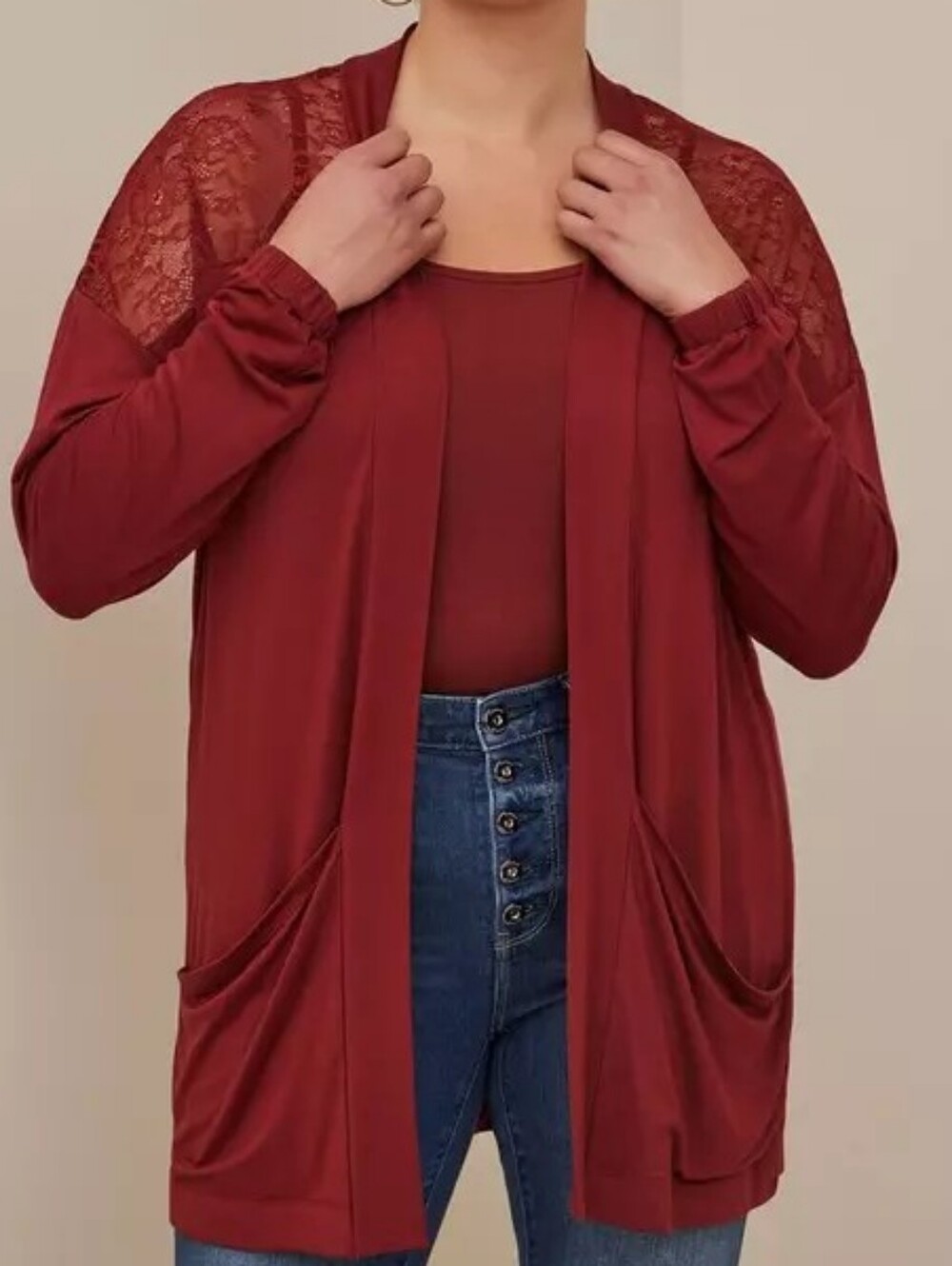 3x Plus Size torrid Lace-Shoulder Open Cardigan Brown Color Super Soft